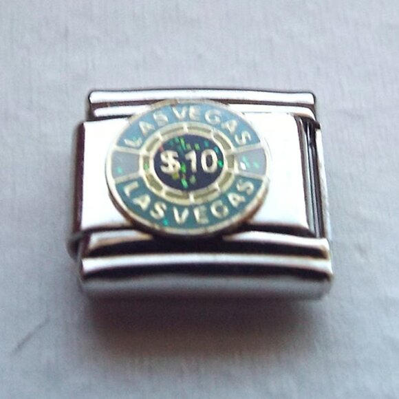 Enamel Las Vegas $10 gambling chip 9mm stainless steel italian charm link new - Picture 1 of 2